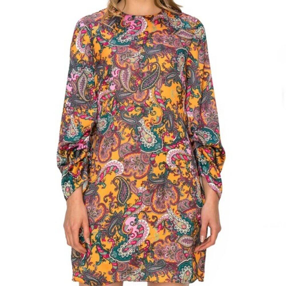 Code X Mode Paisley Floral Print Satin Long Sleeve Shift Dress NWOT